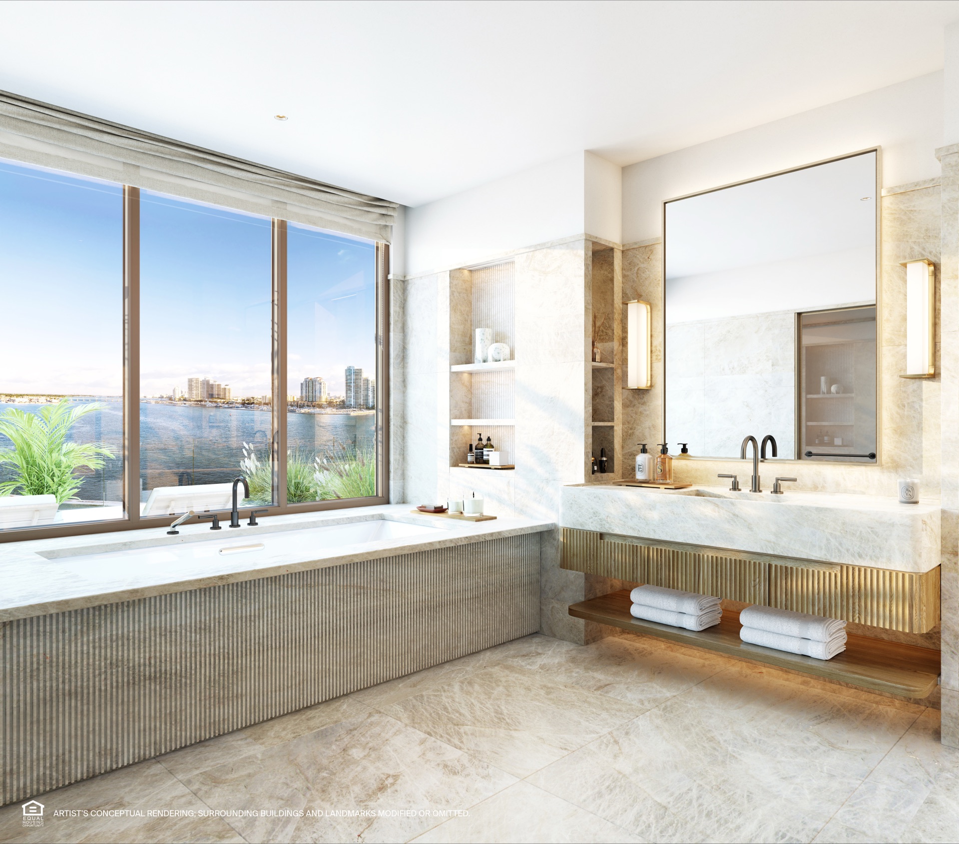 Primary bathroom at Six Fisher Island — The Residences. Stone flooring and walls, custom soaking tub, bespoke mirrors and light fixtures, designed by Tara Bernerd & Partners.